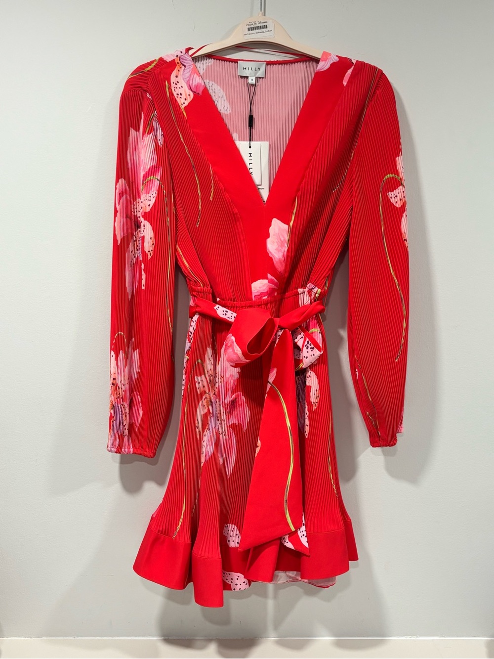 Milly Liv Pleated Floral Mini Dress NWT Red Pink Tie Waist Size 12 $450 Pleated - Picture 2 of 13